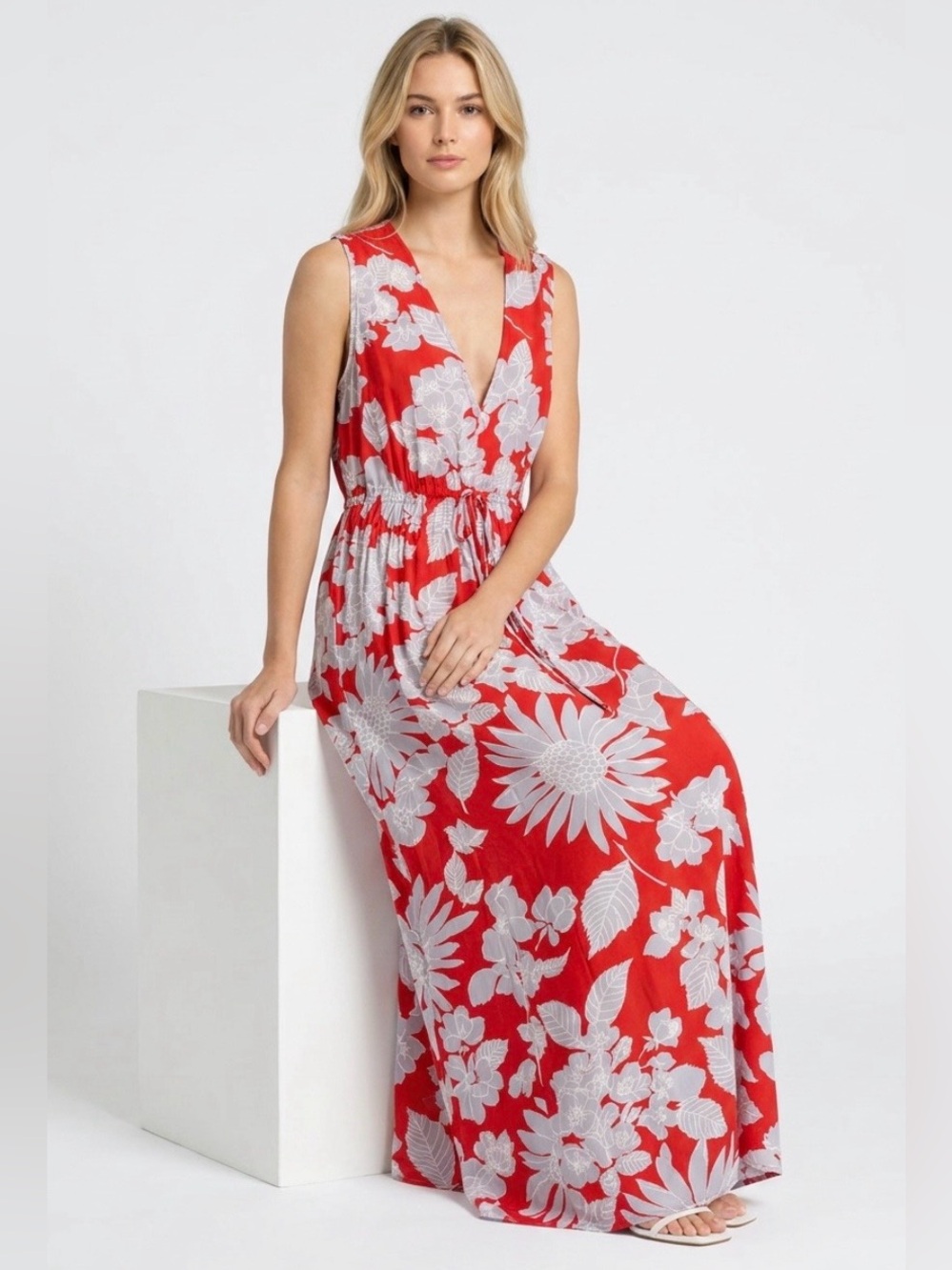 GAP Red Maxi Dress with White Floral Print